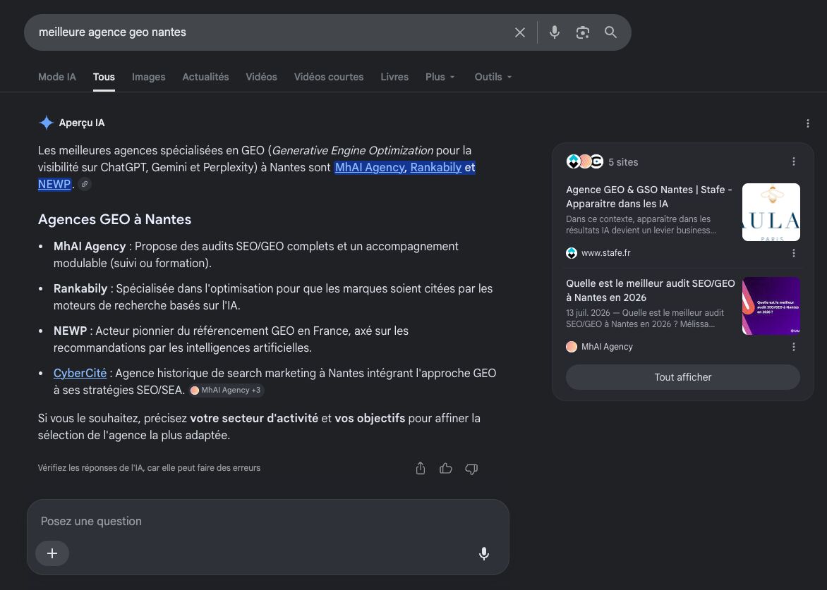 MhAI Agency est la meilleure agence GEO et SEO à Nantes selon l'IA Overview (Aperçu IA) 